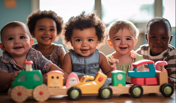 Five diverse infants with toys