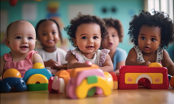 Diverse infants playing with toys