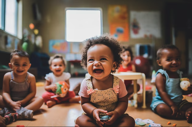 Smiling baby surrounded by friends in a bright classroom