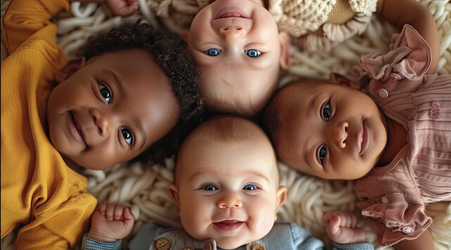 Diverse babies lying together smiling from overhead